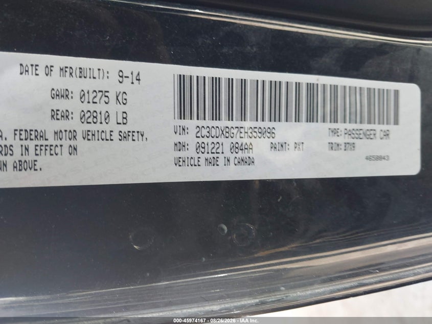 DODGE CHARGER 2014 VIN 2C3CDXBG7EH359096