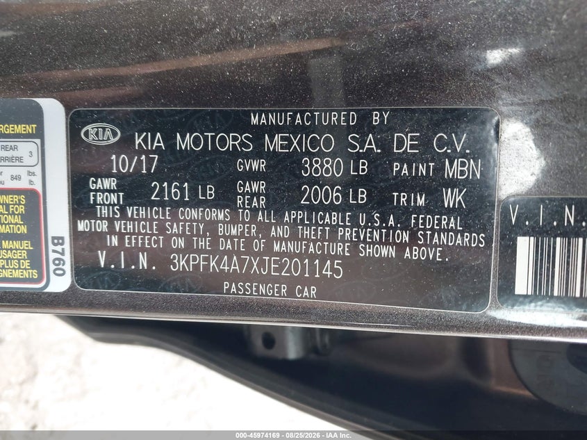 KIA FORTE 2018 VIN 3KPFK4A7XJE201145