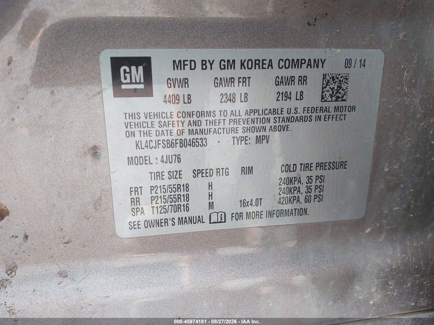 BUICK ENCORE 2015 VIN KL4CJFSB6FB046533