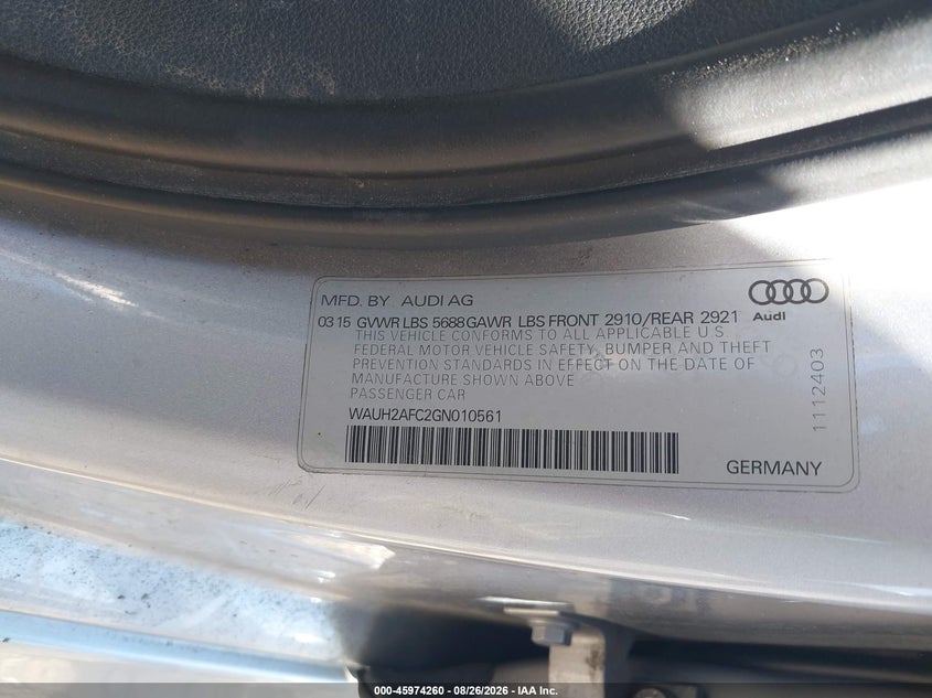2016 AUDI S6 SEDAN 4.0L V-8 DI, DOHC, VVT, TURBO, 450HP