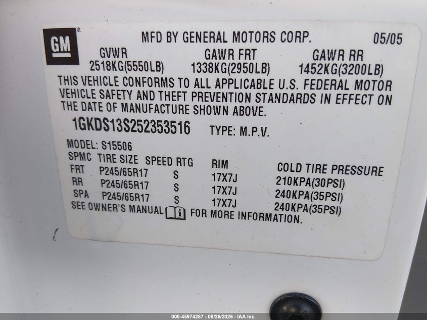 2005 GMC ENVOY SPORT UTILITY VEHICLE 4.2L I-6 DOHC, VVT, 275HP