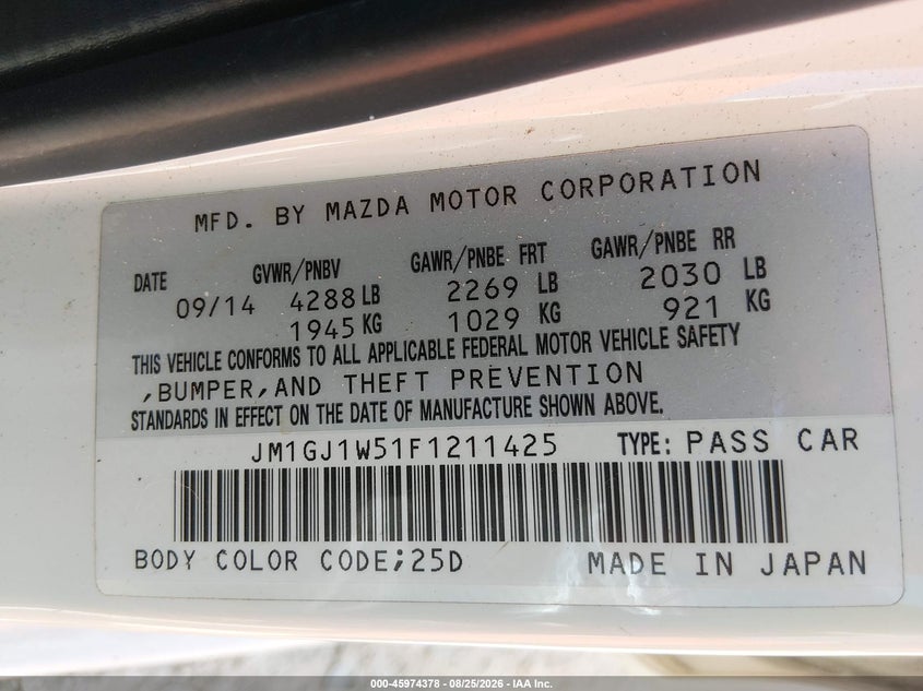 MAZDA MAZDA6 2015 VIN JM1GJ1W51F1211425