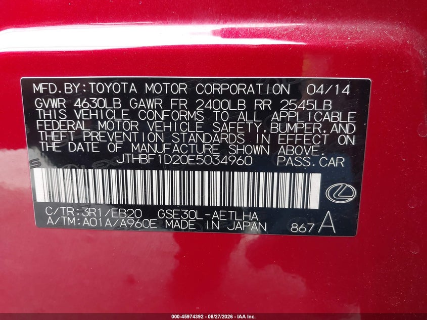 2014 LEXUS IS SEDAN 2.5L V-6 DI, DOHC, VVT, PREMIUM , 204HP