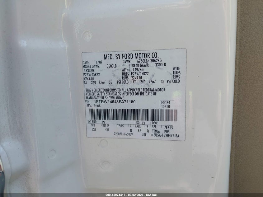 2008 FORD F-150 PICKUP 5.4L V-8 VVT, REGULAR , 300HP