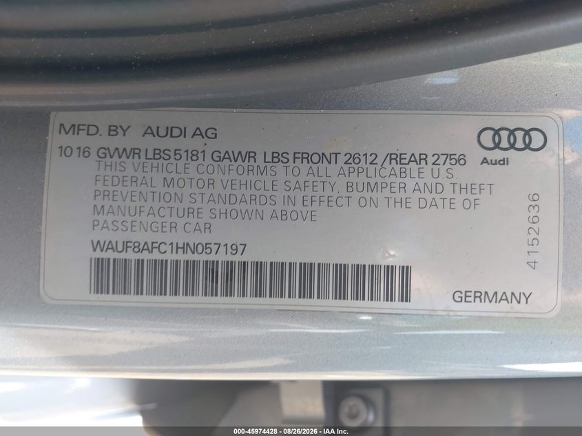 AUDI A6 2017 VIN WAUF8AFC1HN057197