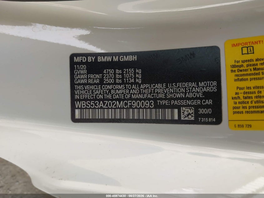 BMW M4 2021 VIN WBS53AZ02MCF90093