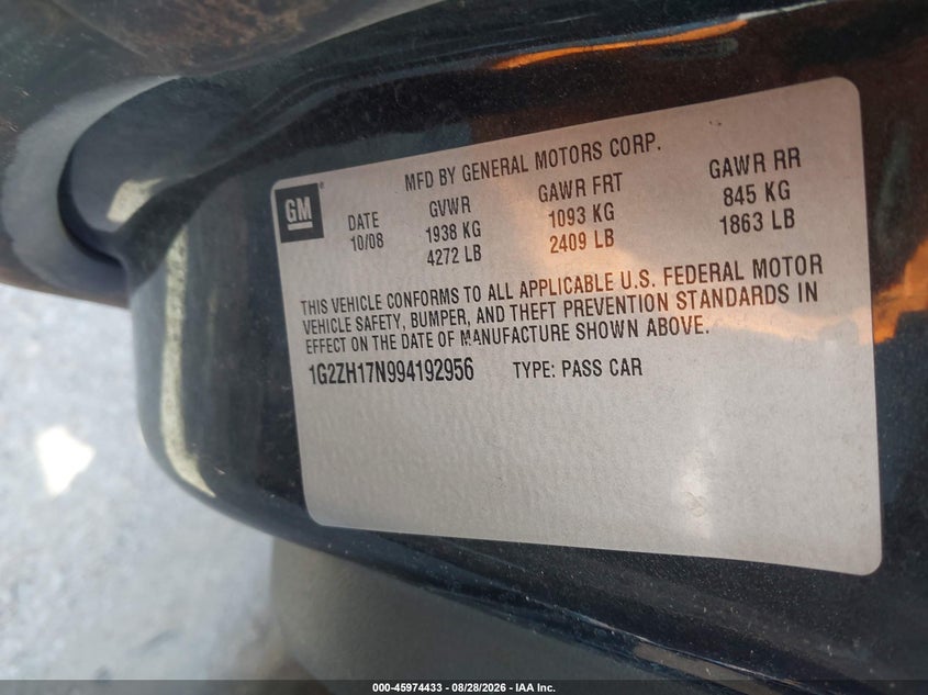 PONTIAC G6 2009 VIN 1G2ZH17N994192956