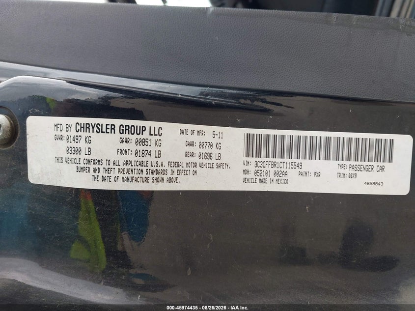 FIAT 500 2012 VIN 3C3CFFBR1CT115549