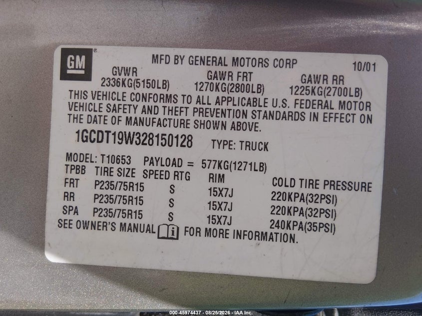 CHEVROLET S-10 2002 VIN 1GCDT19W328150128