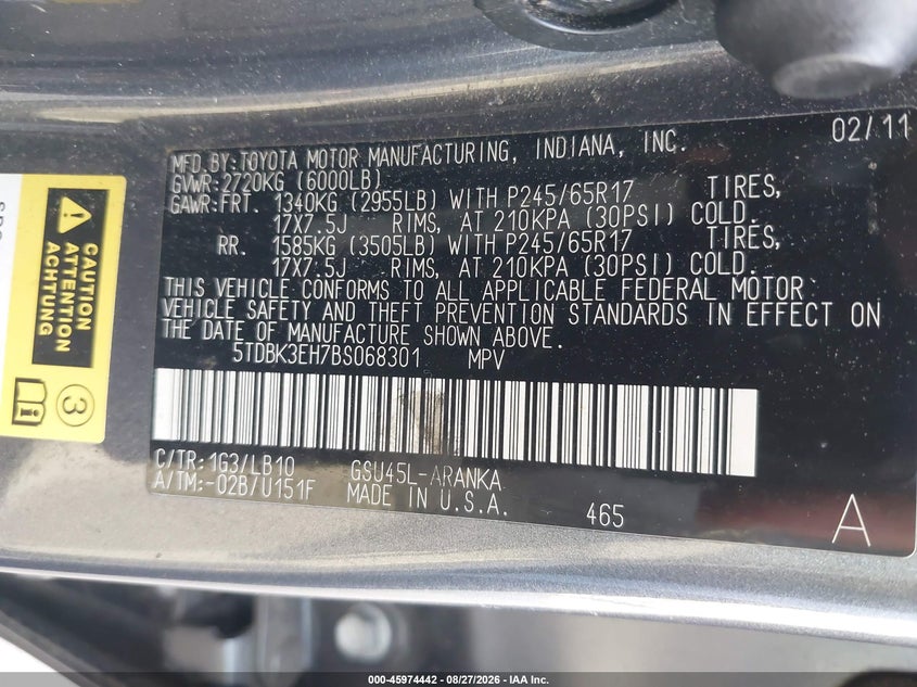 2011 TOYOTA HIGHLANDER SPORT UTILITY VEHICLE 3.5L V-6 DOHC, VVT, REGULAR , 270HP