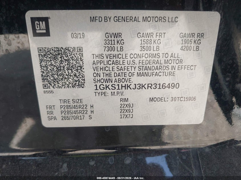 GMC YUKON XL 2019 VIN 1GKS1HKJ3KR316490