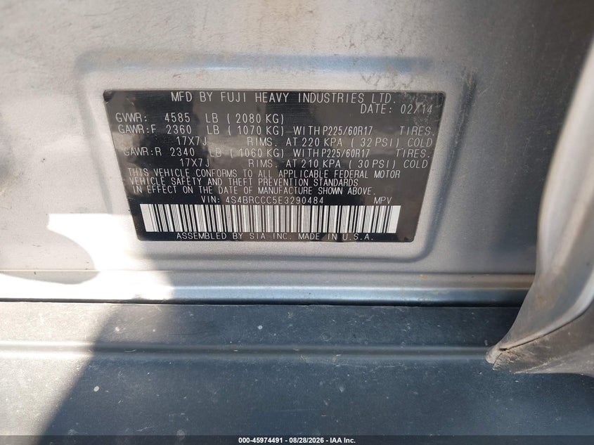 SUBARU OUTBACK 2014 VIN 4S4BRCCC5E3290484
