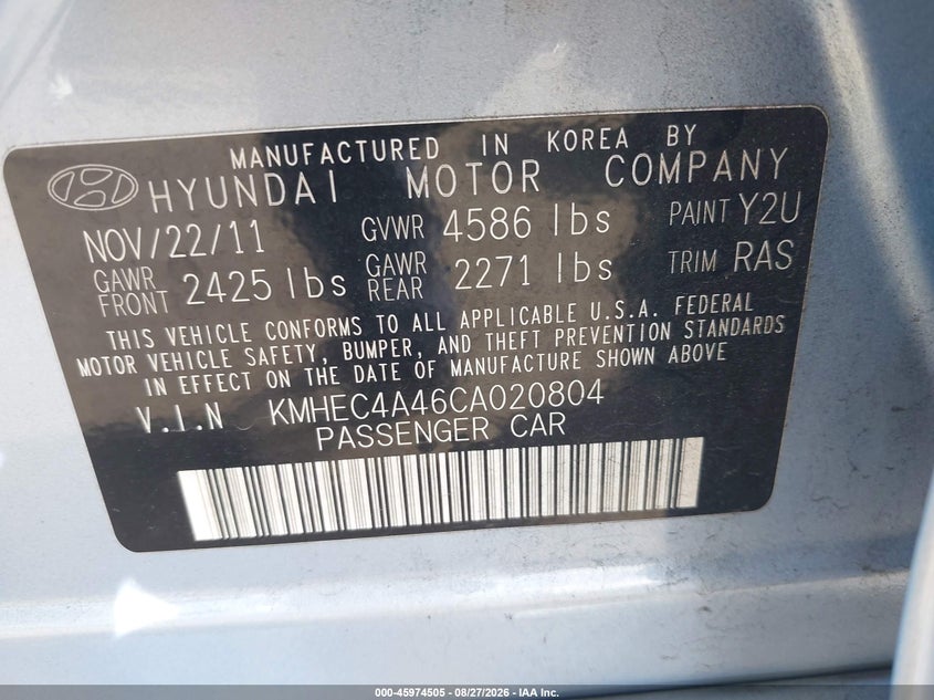 2012 HYUNDAI SONATA SEDAN 2.4L I-4 DOHC, VVT, 166HP