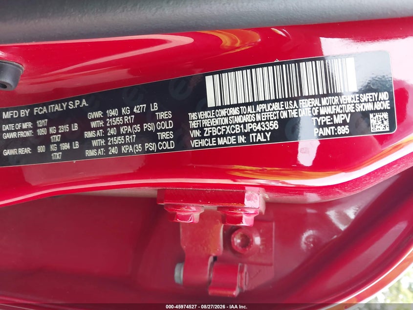 FIAT 500X 2018 VIN ZFBCFXCB1JP643356