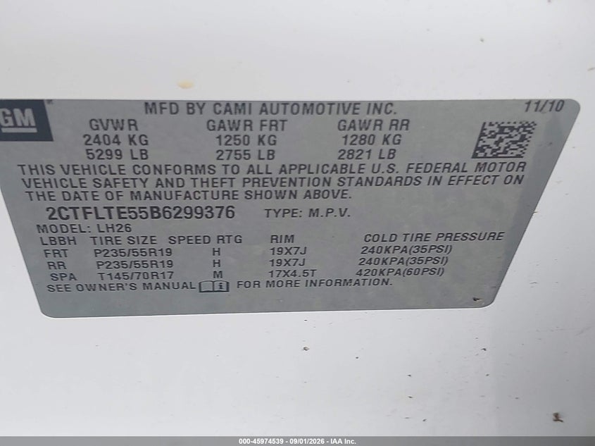 GMC TERRAIN 2011 VIN 2CTFLTE55B6299376