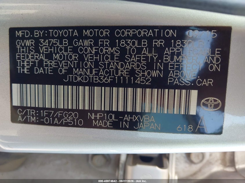 TOYOTA PRIUS C 2015 VIN JTDKDTB36F1111452