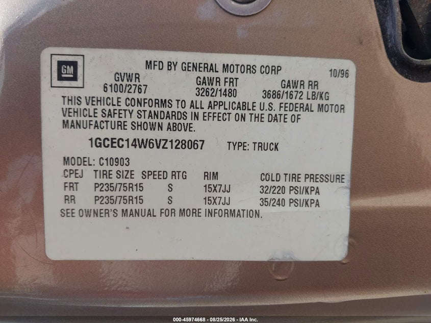 CHEVROLET C1500 1997 VIN 1GCEC14W6VZ128067