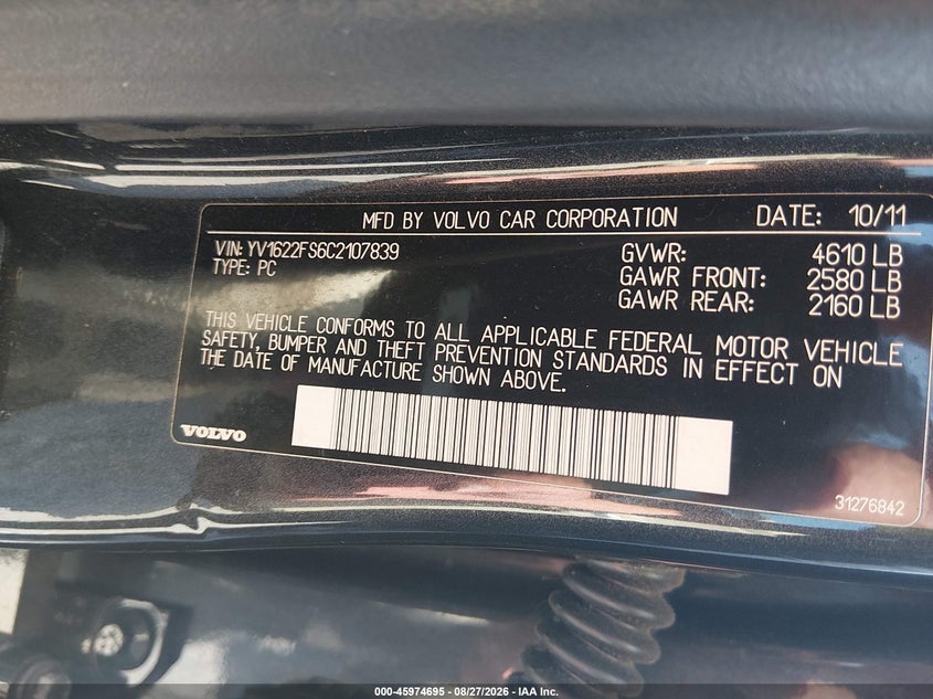 2012 VOLVO S60 SEDAN 2.5L I-5 DOHC, VVT, TURBO, PREMIUM , 250HP