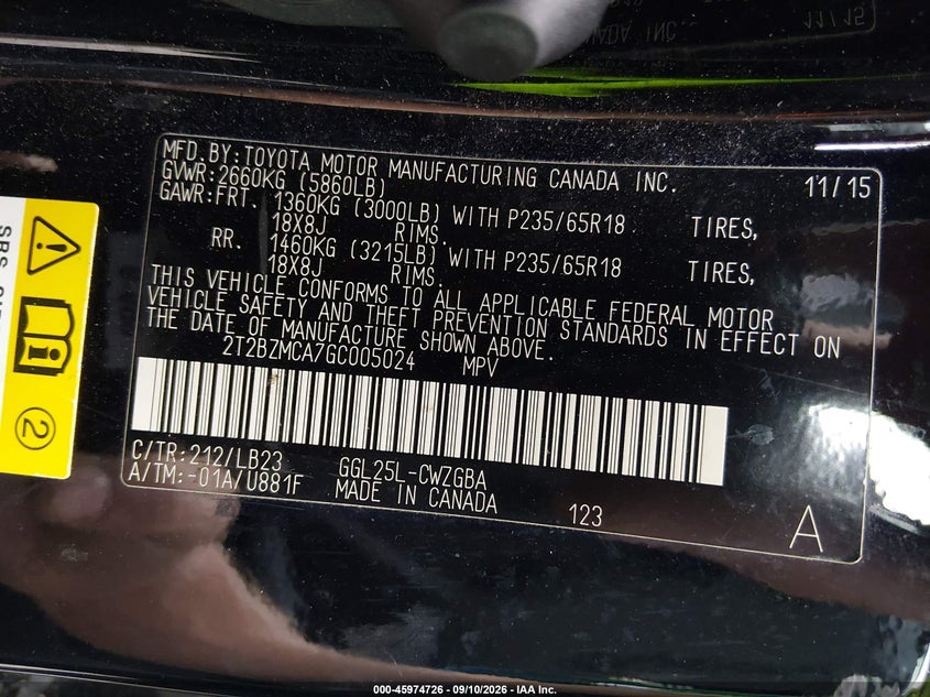 LEXUS RX 350 2016 VIN 2T2BZMCA7GC005024
