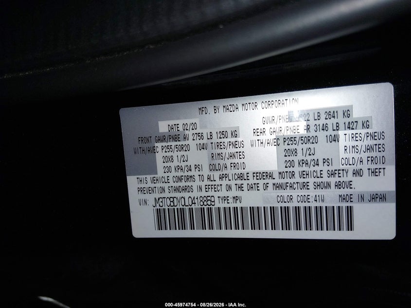 MAZDA CX-9 2020 VIN JM3TCBDY0L0418859