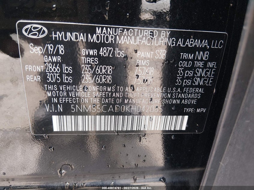HYUNDAI SANTA FE 2019 VIN 5NMS5CAD0KH042085