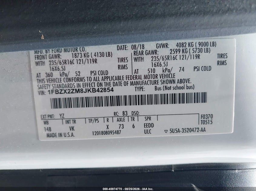 FORD TRANSIT-350 2018 VIN 1FBZX2ZM8JKB42854
