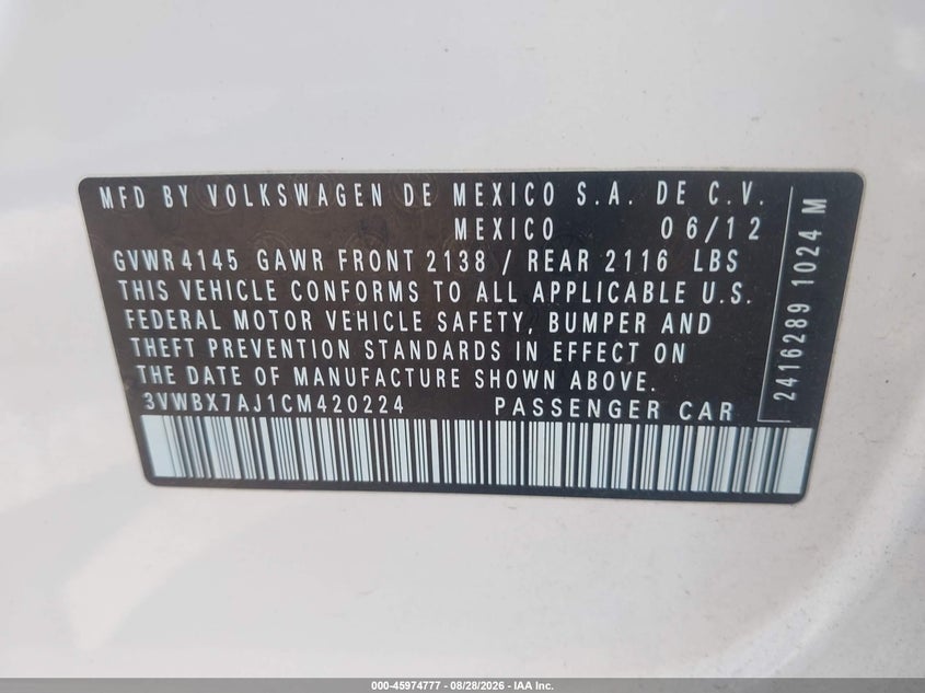 2012 VOLKSWAGEN JETTA SEDAN 2.5L I-5 DOHC, VVT, 170HP