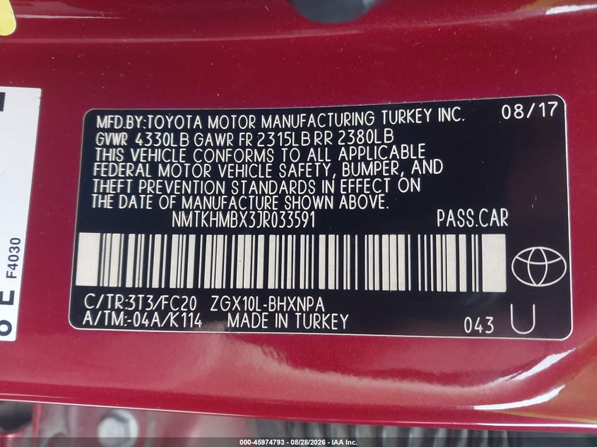 TOYOTA C-HR 2018 VIN NMTKHMBX3JR033591