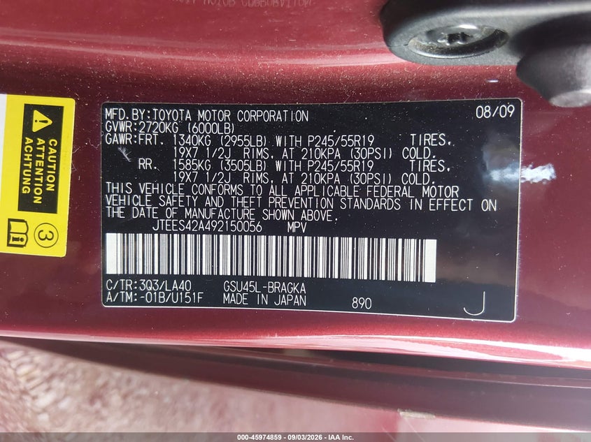 TOYOTA HIGHLANDER 2009 VIN JTEES42A492150056