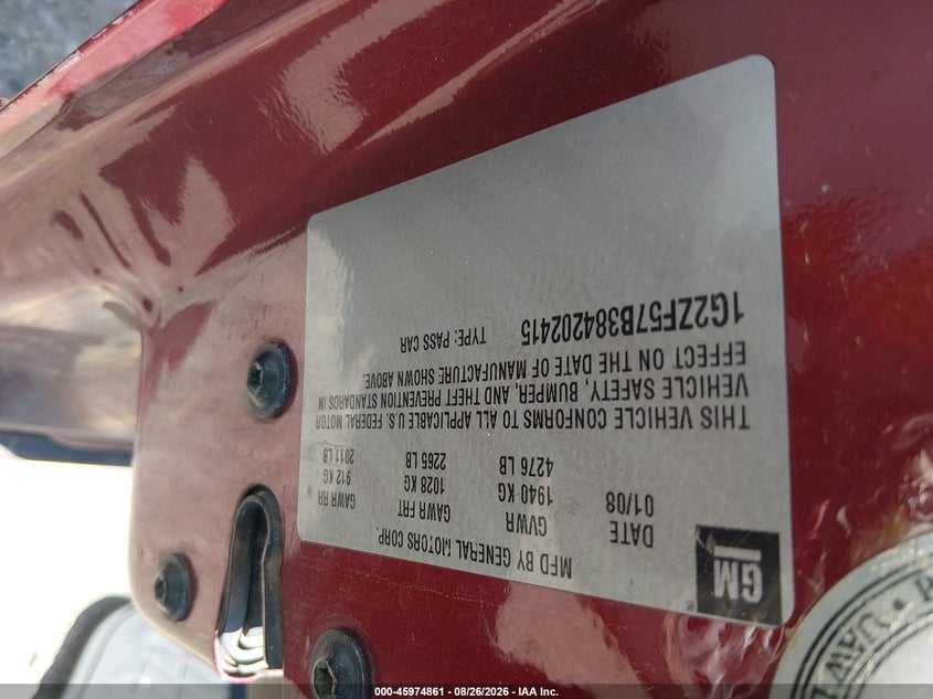 PONTIAC G6 2008 VIN 1G2ZF57B384202415