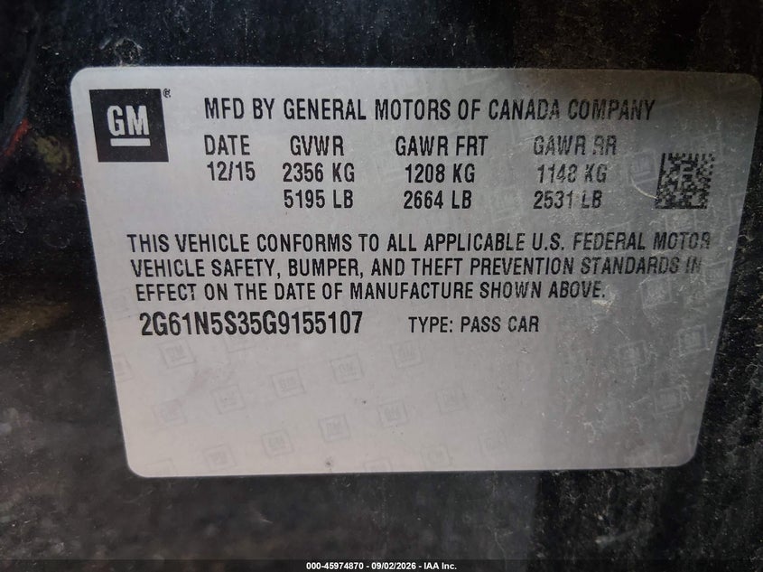 CADILLAC XTS 2016 VIN 2G61N5S35G9155107
