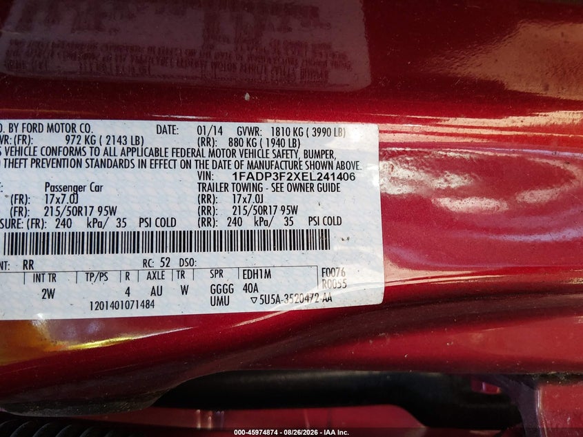 FORD FOCUS 2014 VIN 1FADP3F2XEL241406