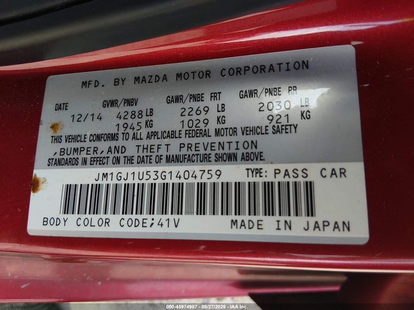 MAZDA MAZDA6 2016 VIN JM1GJ1U53G1404759