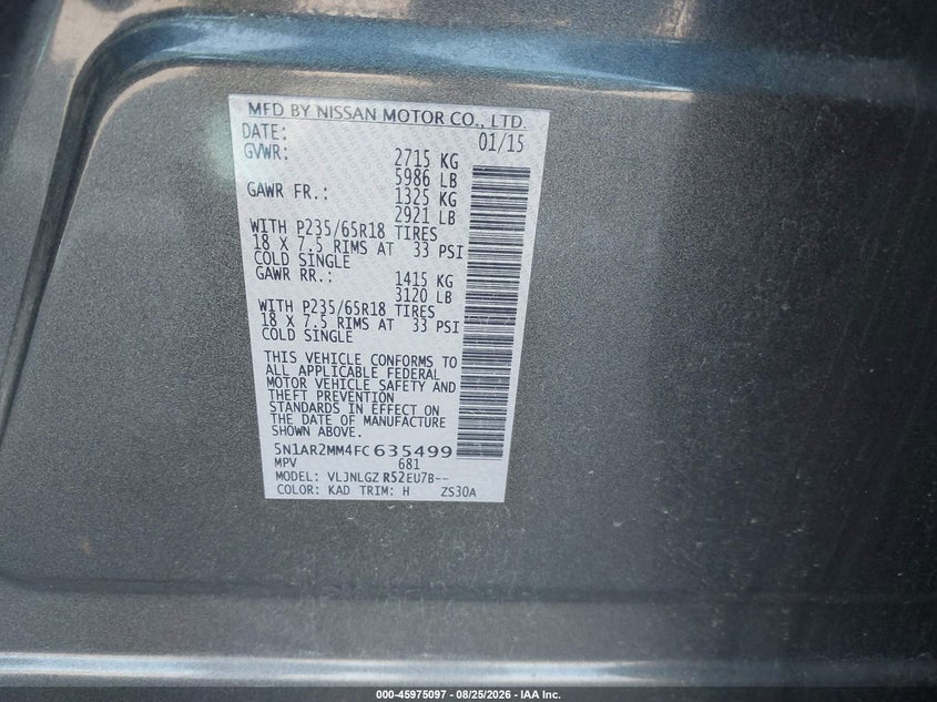 NISSAN PATHFINDER 2015 VIN 5N1AR2MM4FC635499