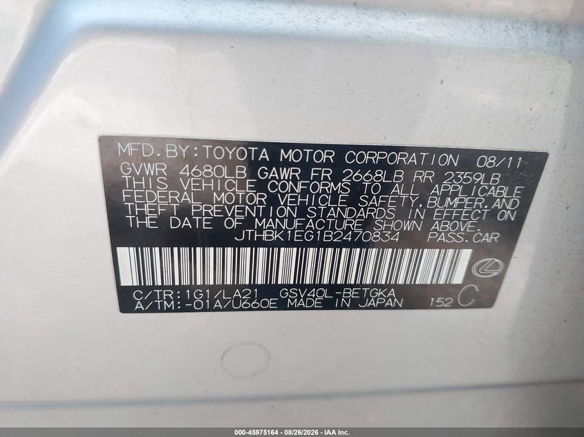 LEXUS ES 350 2011 VIN JTHBK1EG1B2470834