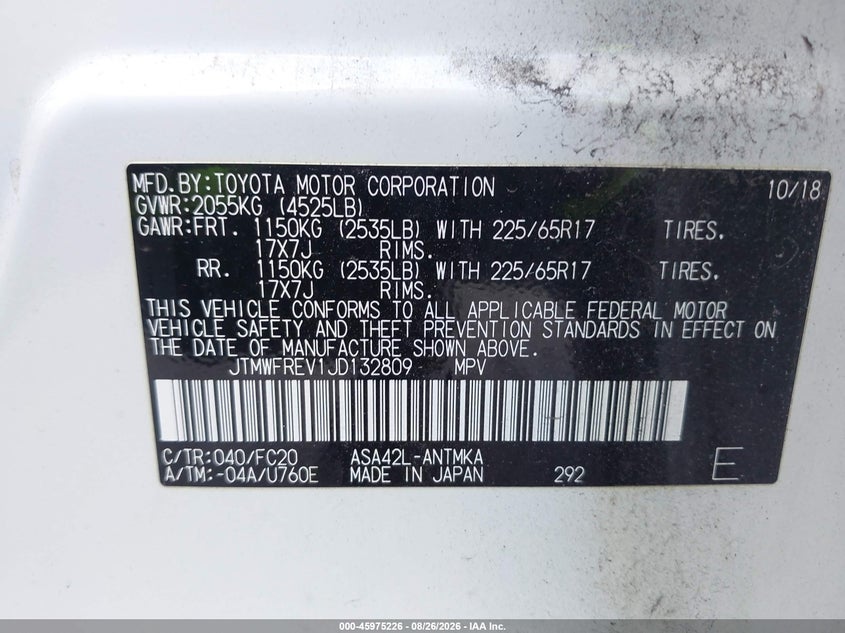 TOYOTA RAV4 2018 VIN JTMWFREV1JD132809