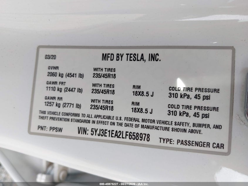 TESLA MODEL 3 2020 VIN 5YJ3E1EA2LF658978