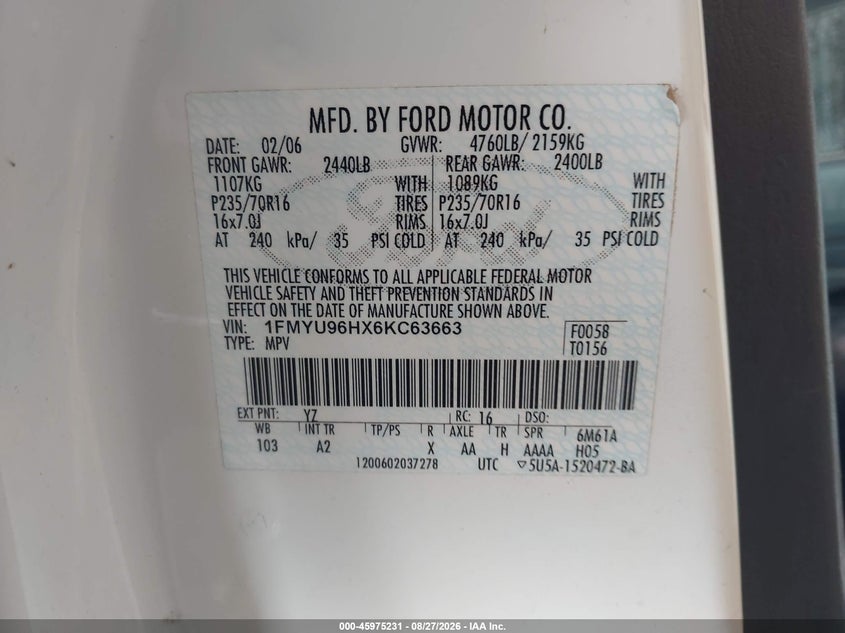 2006 FORD ESCAPE SPORT UTILITY VEHICLE 2.3L I-4 DOHC, REGULAR , 133HP