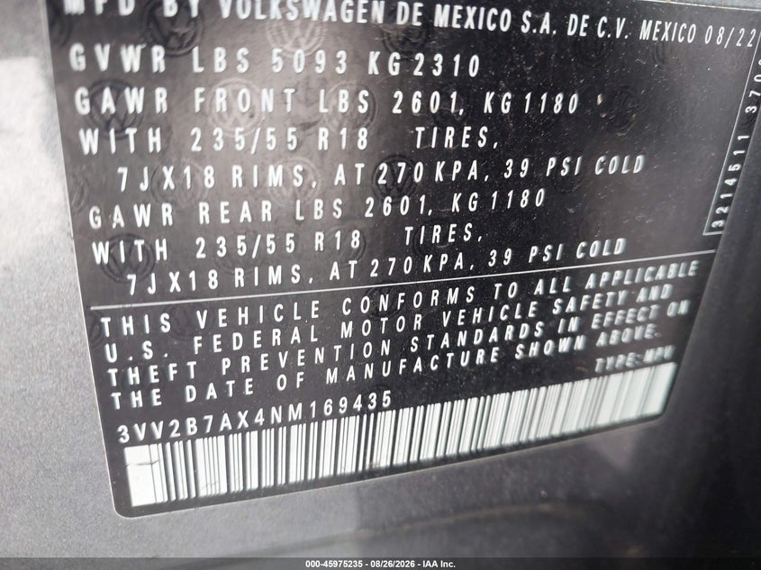 VOLKSWAGEN TIGUAN 2022 VIN 3VV2B7AX4NM169435