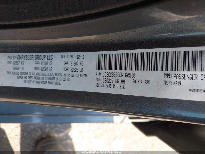 CHRYSLER 200 2012 VIN 1C3CCBBB6CN160510