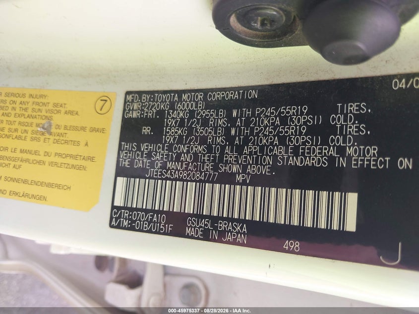 2008 TOYOTA HIGHLANDER SPORT UTILITY VEHICLE 3.5L V-6 DOHC, VVT, REGULAR , 270HP