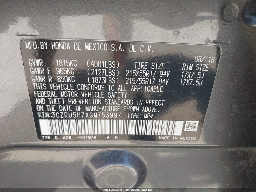 HONDA HR-V 2016 VIN 3CZRU5H7XGM753997