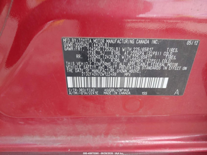 TOYOTA RAV4 2012 VIN 2T3ZF4DV7CW122499