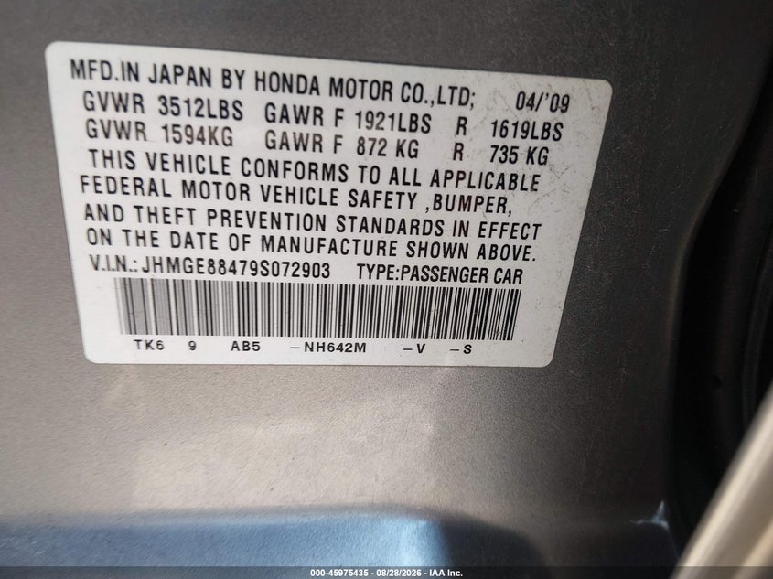 HONDA FIT 2009 VIN JHMGE88479S072903