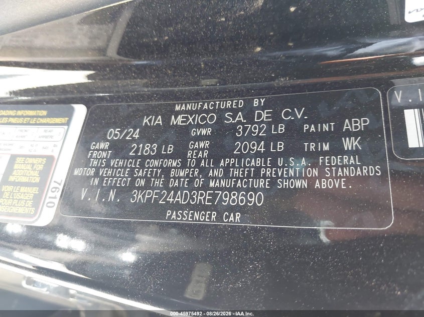 KIA FORTE 2024 VIN 3KPF24AD3RE798690