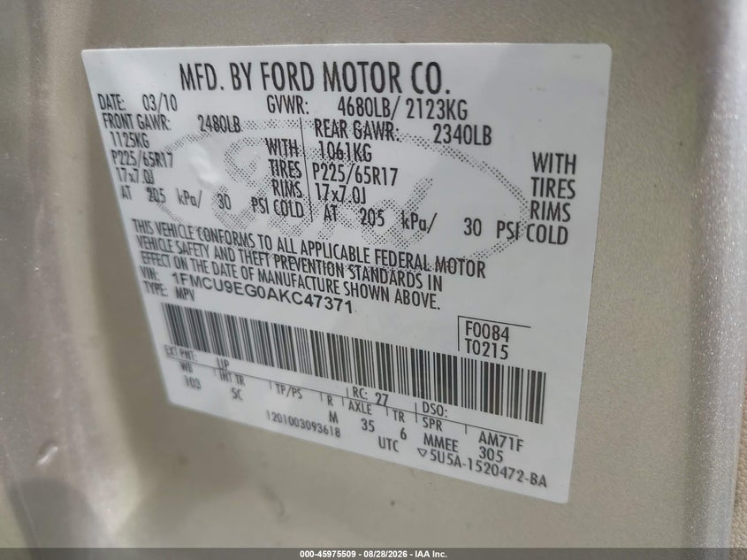 2010 FORD ESCAPE SPORT UTILITY VEHICLE 3.0L V-6 DOHC, VVT, 240HP