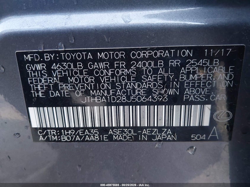 LEXUS IS 300 2018 VIN JTHBA1D28J5064393