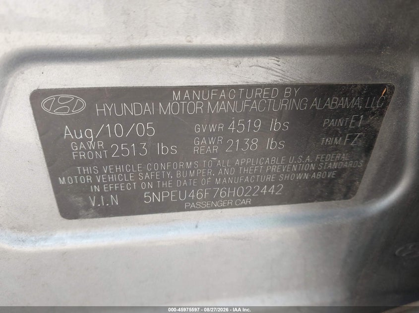 HYUNDAI SONATA 2006 VIN 5NPEU46F76H022442