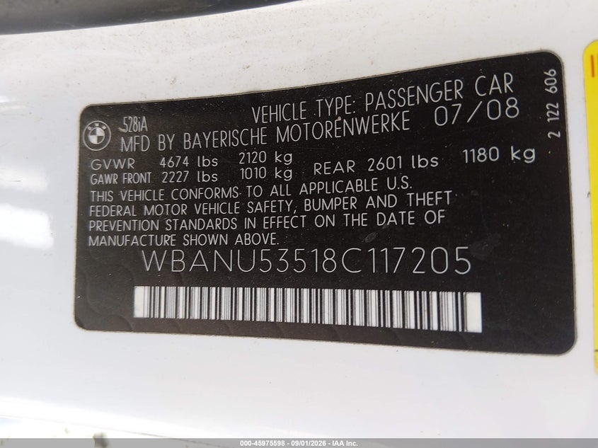 BMW 528I 2008 VIN WBANU53518C117205