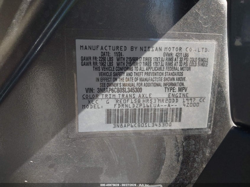 NISSAN KICKS 2025 VIN 3N8AP6CB0SL345300